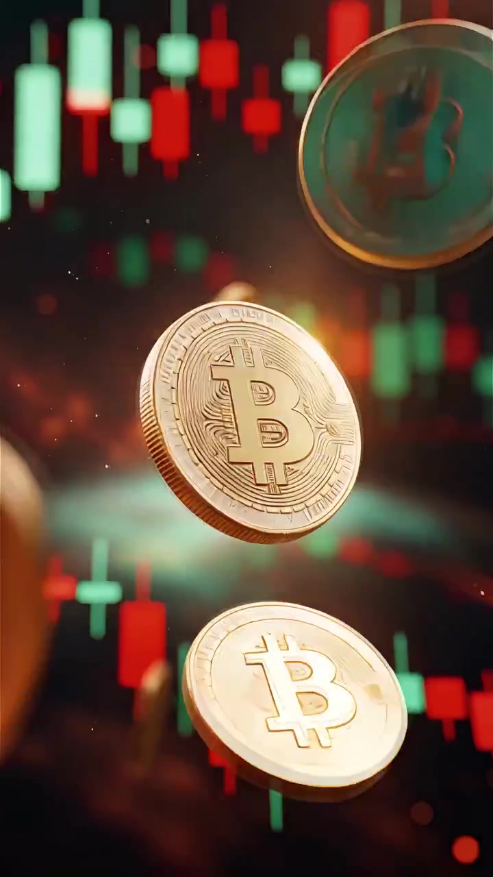 Moedas de Bitcoin douradas com fundo de gráfico de velas desfocado 4K
