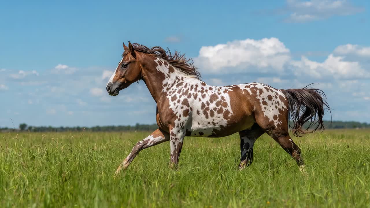 Appaloosa-hest i fuld fart på åben græsmark, galopperende hen over højt græs, trækroner og skyer
