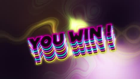 animation of you win text over glowing lines on purple background