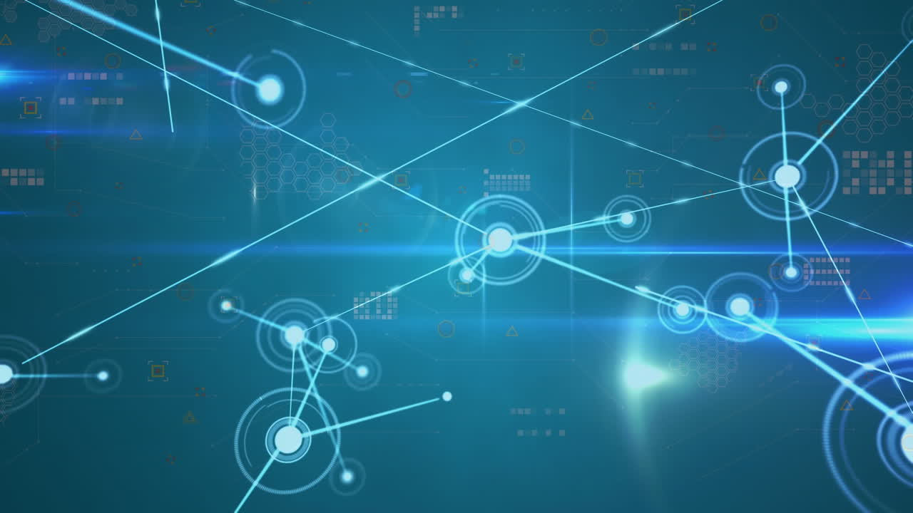 Animation of network of connections and light trails against blue background