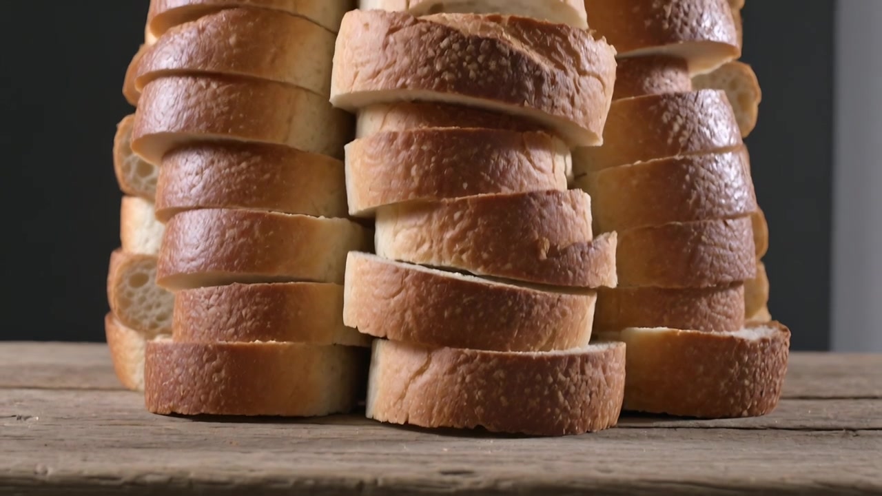 Telecamera che panoramica muovendosi verso l'alto, rivelando tre pile di pane su una tavola, mostrando la consistenza della crosta.