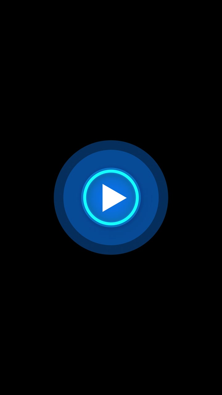 Blue play button media background with glowing circular icon black empty space and modern video