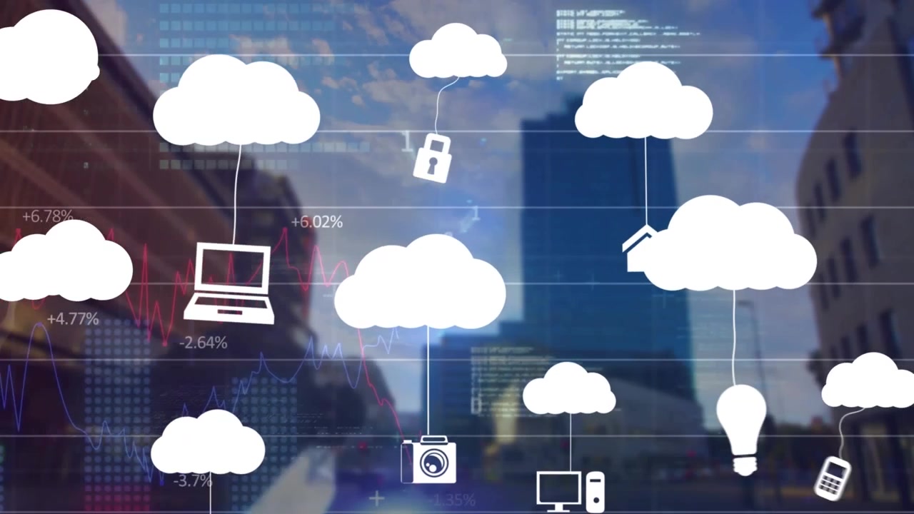 Digital Cloud Computing Network Icons Over Cityscape
