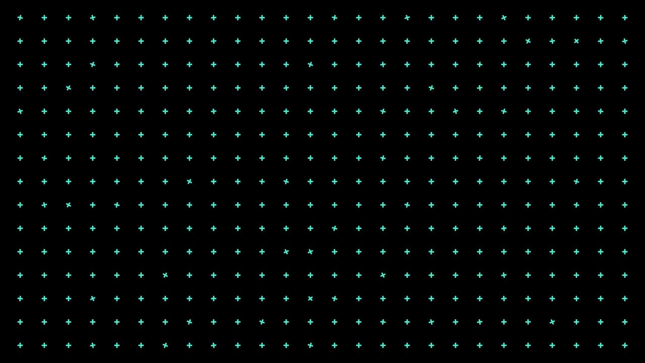 animación abstracta de muchas pequeñas cruces que giran caóticamente sobre el fondo negro. figuras geométricas transparentes que giran y se mueven, monocromáticas