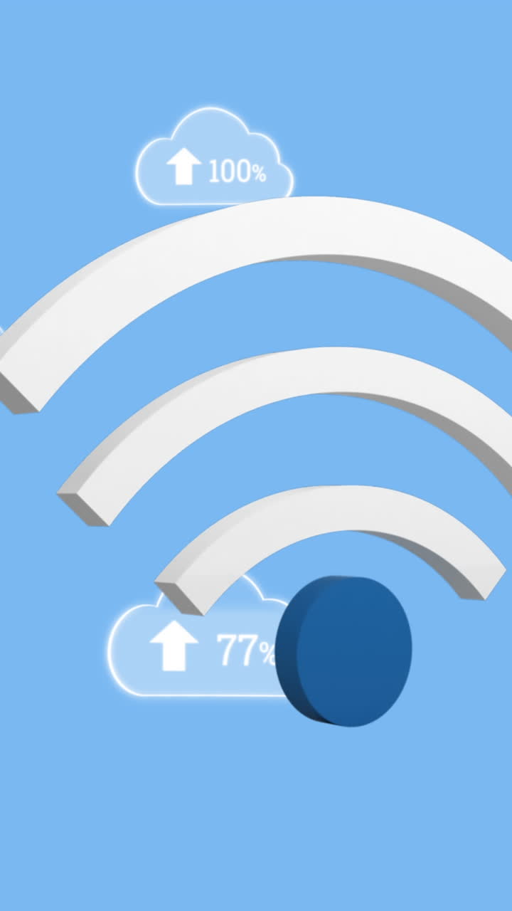 animación del icono wifi y las nubes digitales con un porcentaje creciente en fondo azul