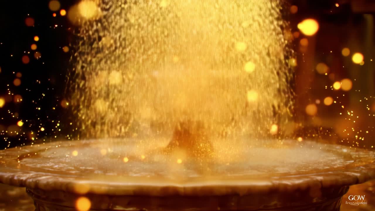 A Mesmerizing Display of Golden Water Splashes and Sparkling Particles in a Decorative Fountain That Shimmers with Radiant Light and Captivating Beauty