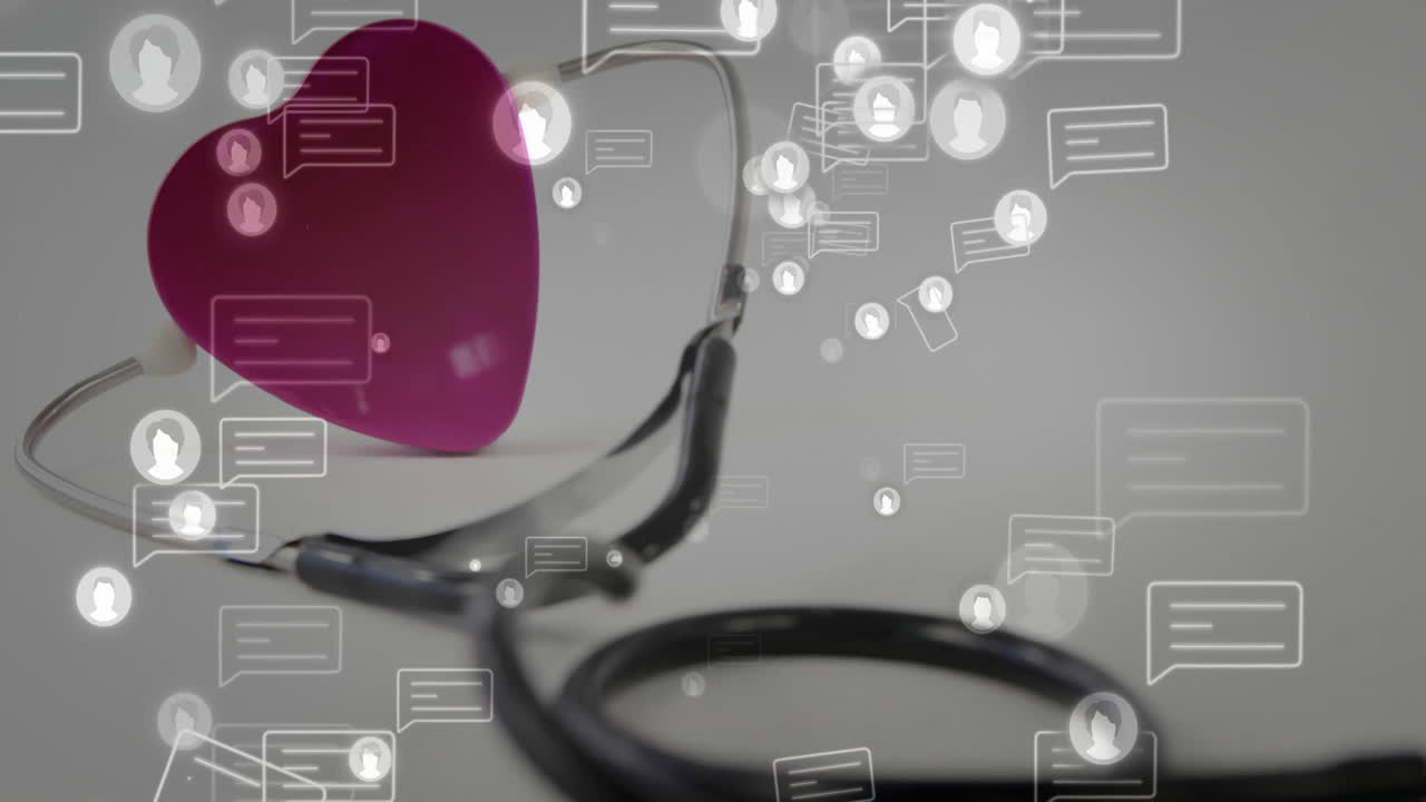 Stethoscope and heart model with social media icons animation