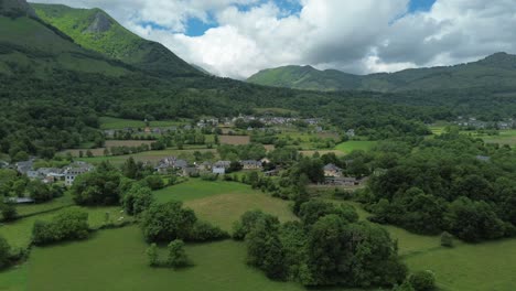 Aerial-view-on-the-lush-countryside-on-the-foothills-of-the-Pyrenees-mountains-close-to-Lourdes