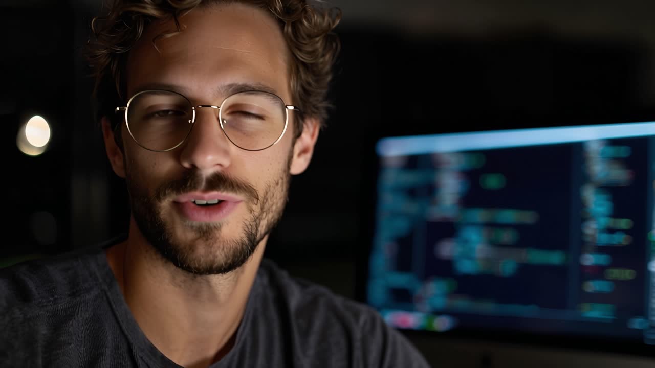 Focused Man Working on Computer Programming with Code Displayed on Screen, Highlighting the Intensity of Software Development and Modern Technology Interaction