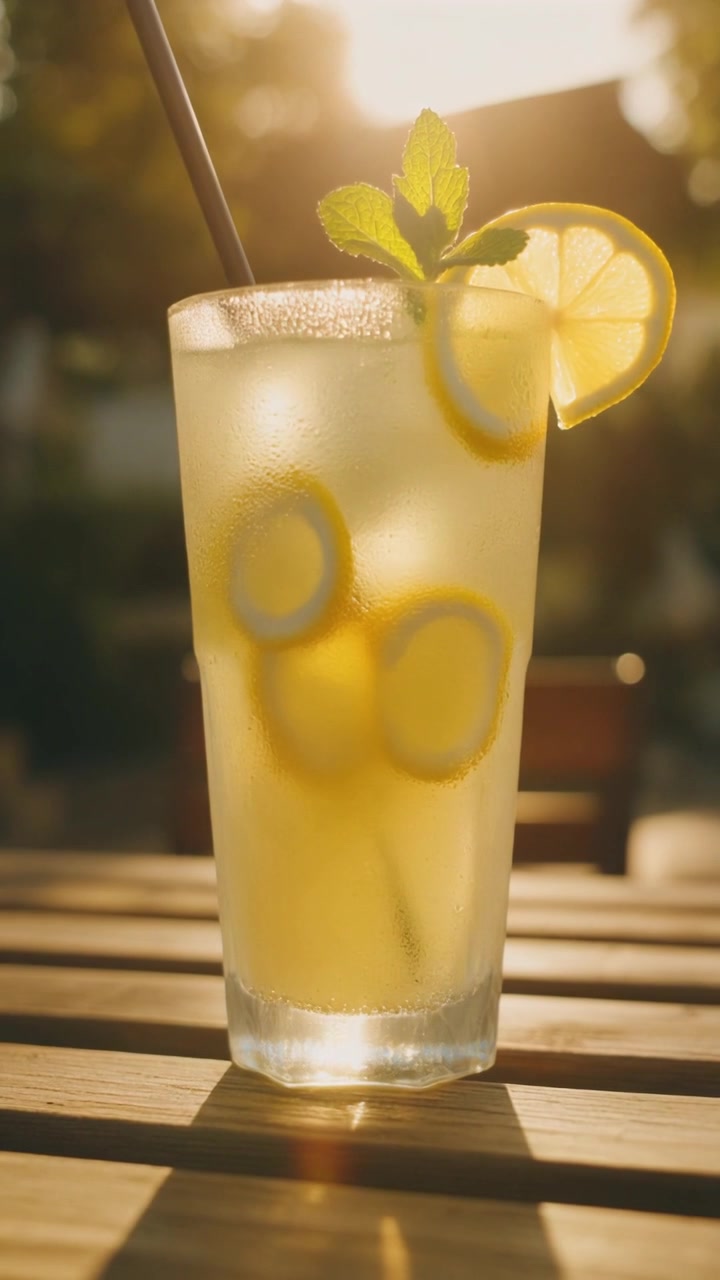 Bicchiere rinfrescante di limonata con menta su un tavolo esterno soleggiato