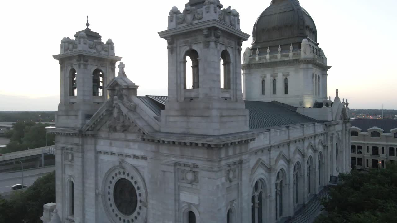 aerial footage showing architecture features on a Church in minneapolis, st marys chatedral