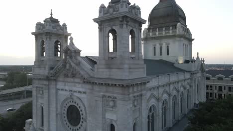 aerial footage showing architecture features on a church in minneapolis, st marys chatedral