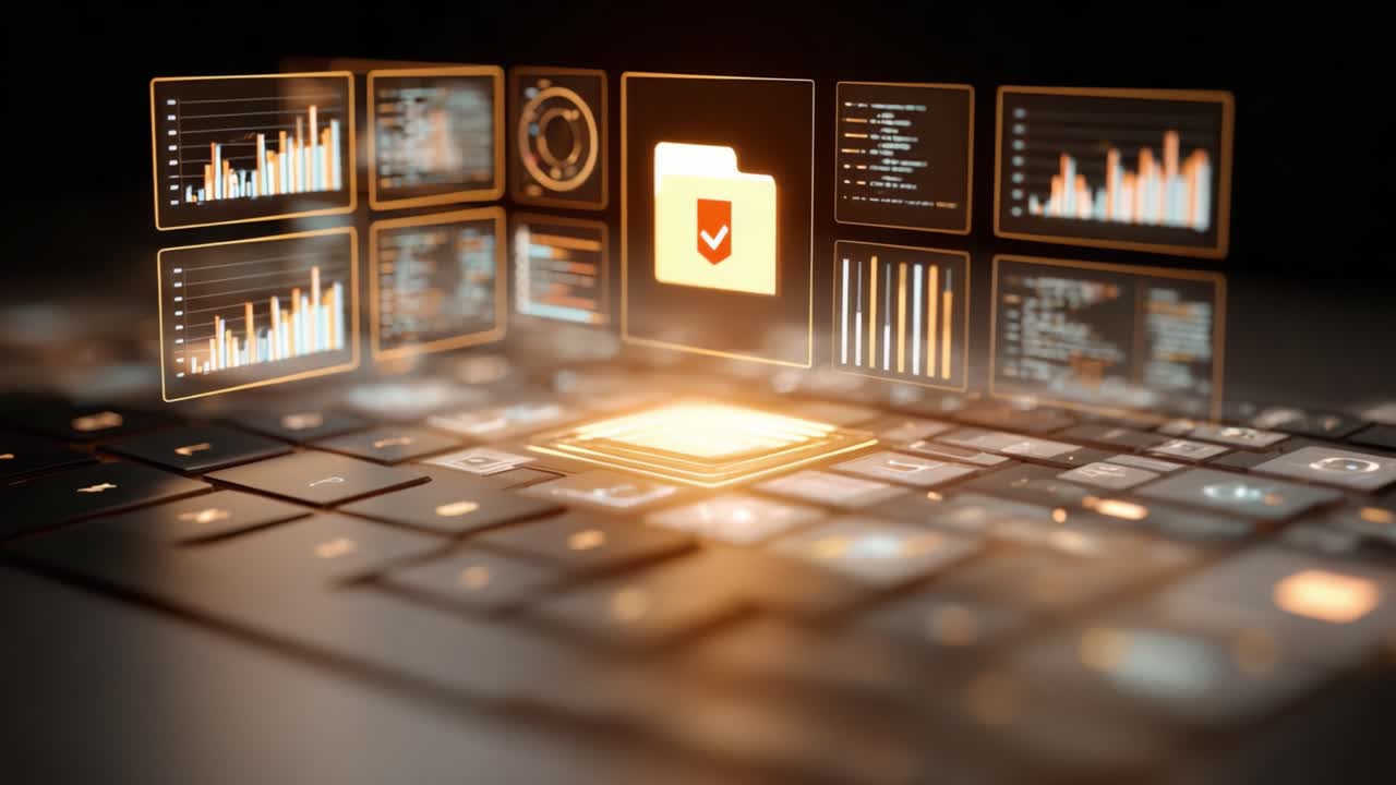 A Futuristic Keyboard Interface Displaying Data Analytics and File Management Tools with Digital Graphics and Visualizations in a High-Tech Environment