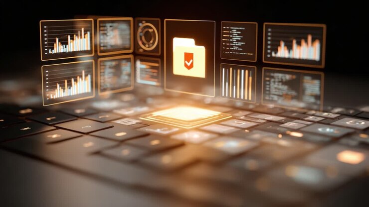 A Futuristic Keyboard Interface Displaying Data Analytics and File Management Tools with Digital Graphics and Visualizations in a High-Tech Environment
