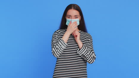 sick ill caucasian woman wearing protective medical face mask flu virus allergy protection concept