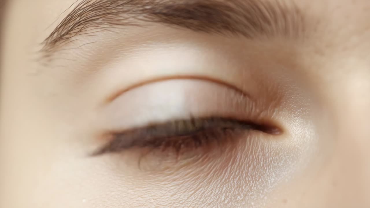 Pulling back camera from right eye after three-second close-up in studio, highlighting skin texture