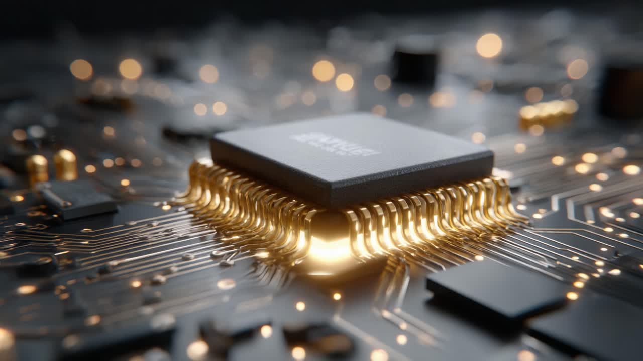 Intricate Close-up of a High-Tech Microchip Surrounded by Dynamic Circuitry and Glowing Connections, Illustrating Modern Electronic Innovations and Technology