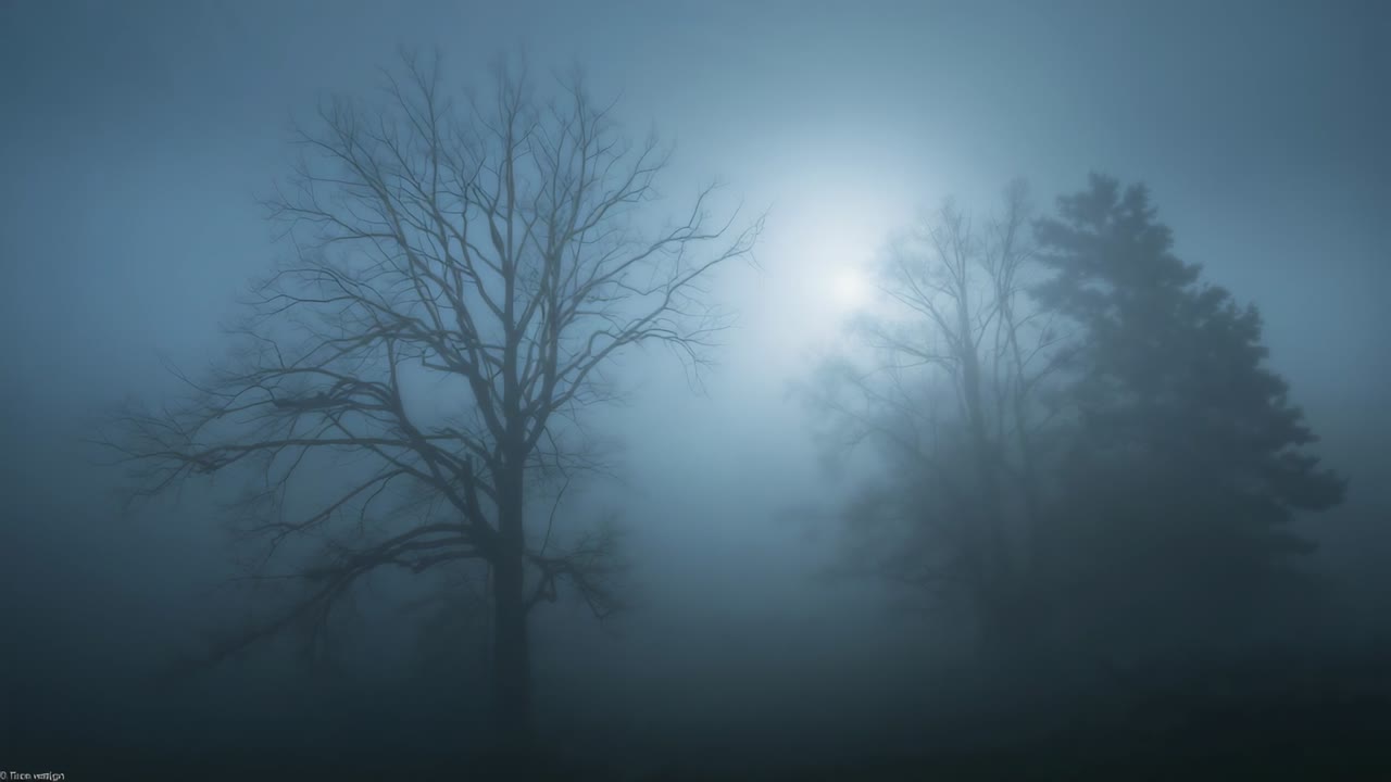 Nebbia che si sposta col vento rivelando un albero deciduo spoglio e un gruppo di sempreverdi al margine del campo, con una morbida retroilluminazione.