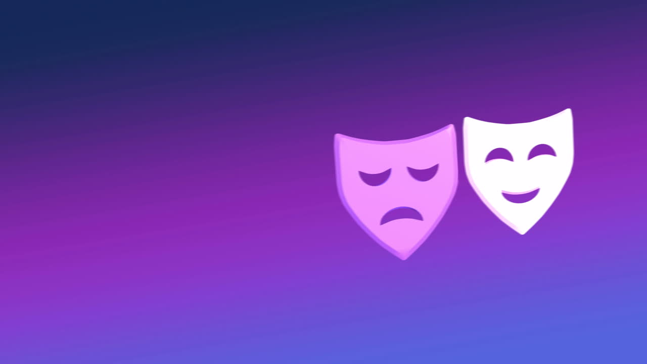 파란색 배경에 움직이는 슬프고 행복한 마스크의 애니메이션