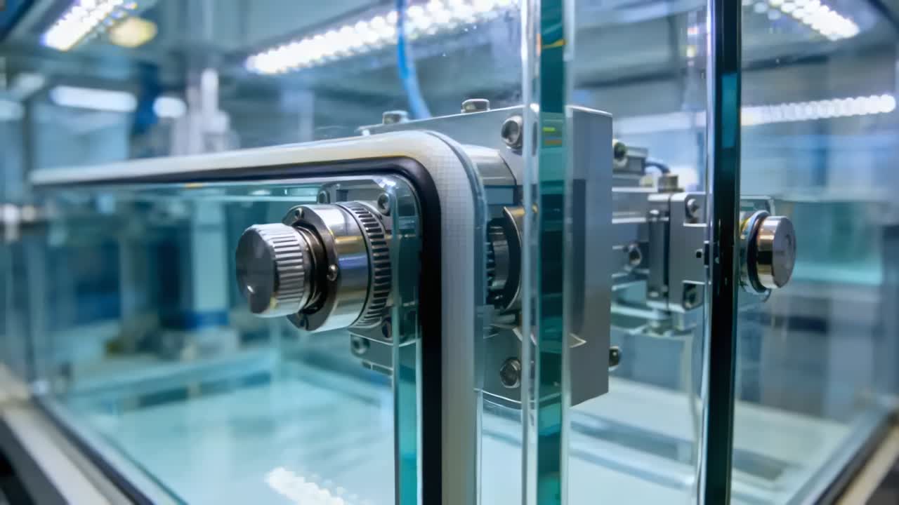 Panning camera revealing actuator block behind glass at lab for testing, knurled knob, gasket