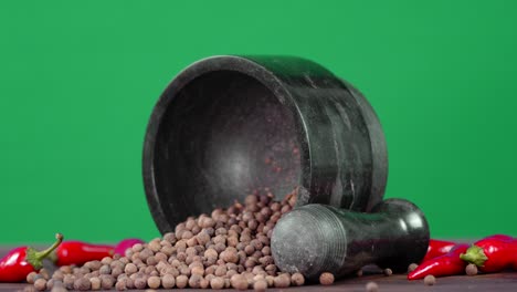 peas of black pepper with mortar and pestle rotates slowly.