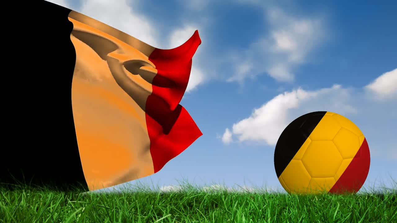 animación de la bandera de bélgica y el fútbol sobre el estadio