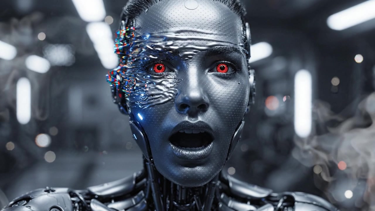An emotion-filled close-up of a futuristic humanoid robot with striking red eyes, captured in a high-tech, visually stunning environment, showcasing advanced AI features.