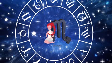 animation of scorpio star sign inside spinning wheel of zodiac signs over stars on blue sky