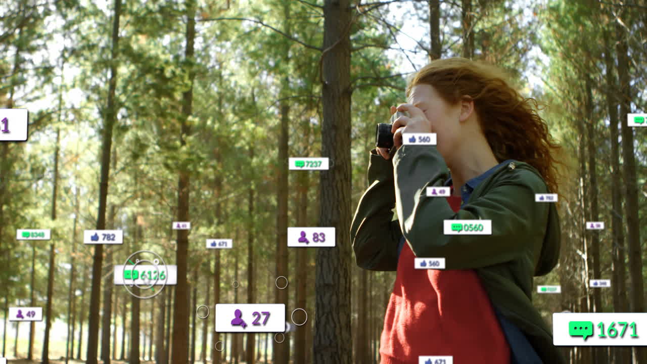 female photographer using DSLR camera in pine forest with floating icons for digital marketing