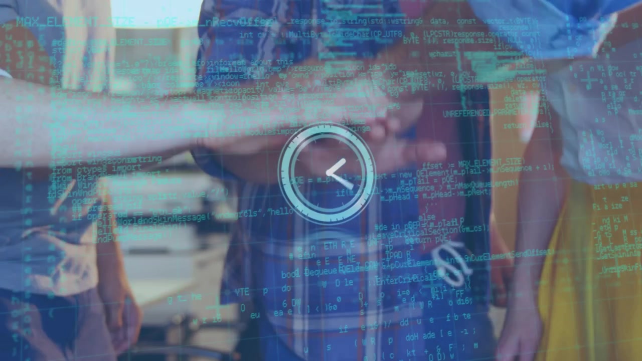 Animation of clock and data processing over diverse business people