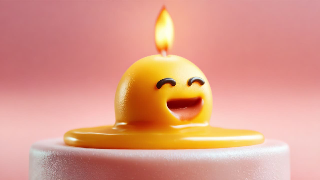 Cheerful Candle Character with Flame: A Bright Yellow Melting Candle with a Happy Face Sitting on a Pink Base, Ideal for Celebrations and Creating a Joyful Atmosphere
