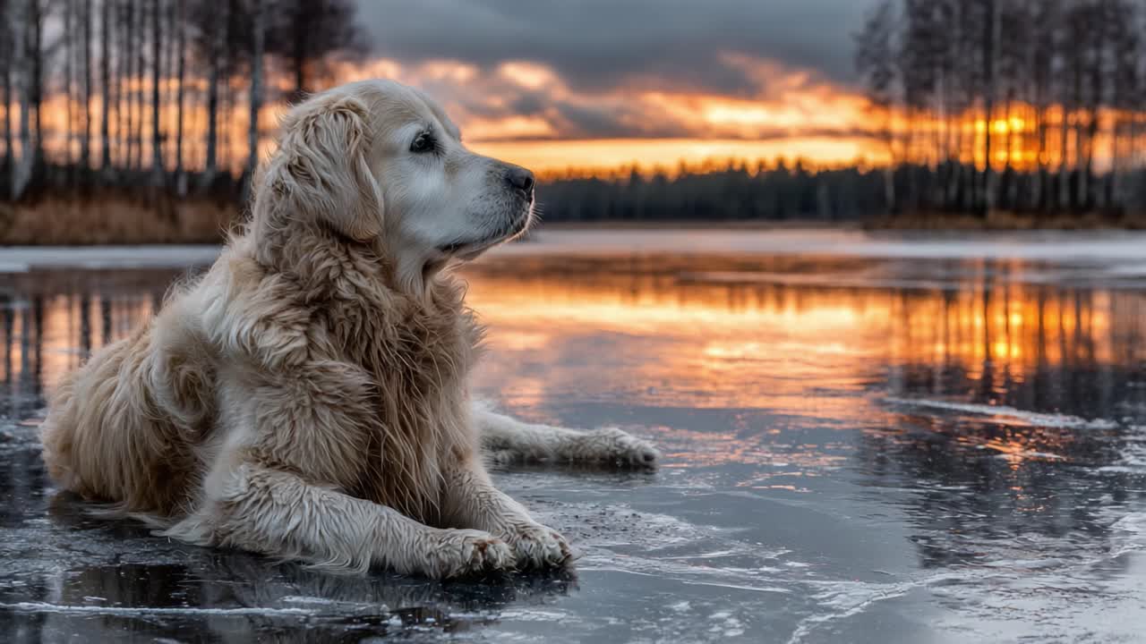 Un sereno Golden Retriever che guarda il tramonto su un lago ghiacciato, catturando la tranquillità della natura in questo splendido paesaggio invernale