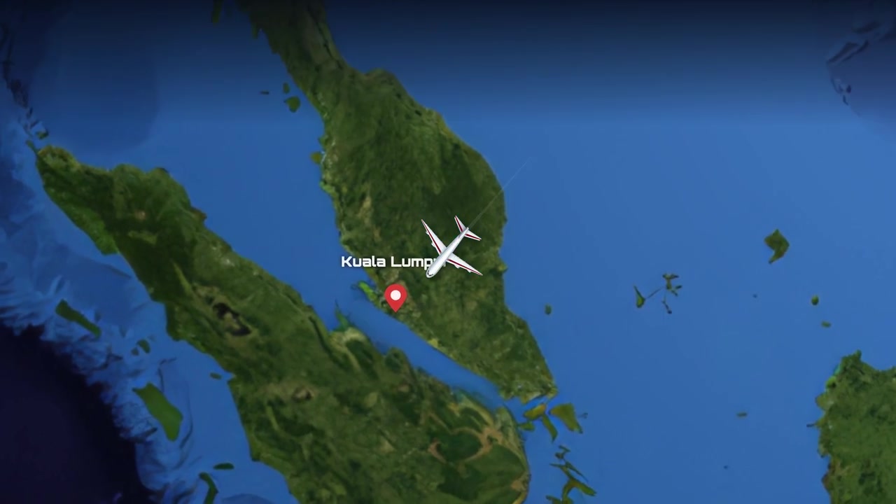 Satellite view animation follows a commercial airplane flying across the Pacific Ocean to Southeast Asia