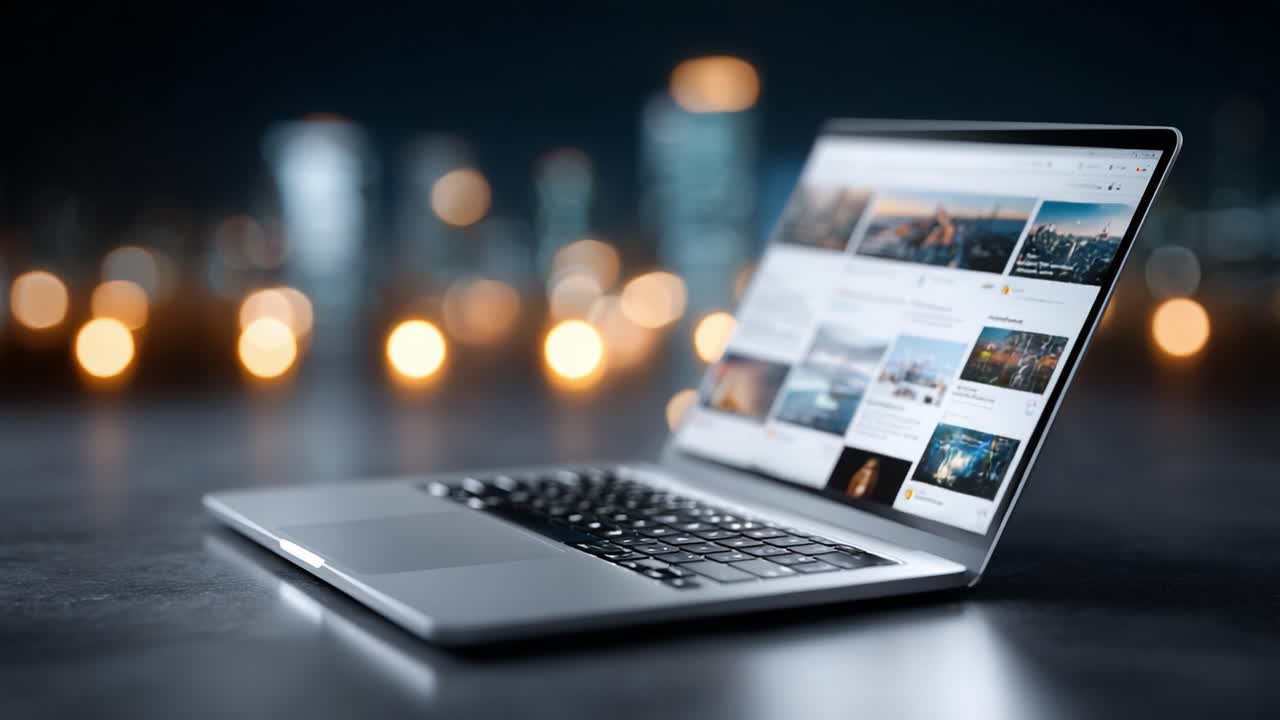 A stylish laptop illuminated against a blurred cityscape, showcasing a bright screen filled with vibrant images and content in a captivating nighttime setting