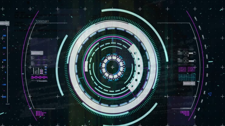Animazione di visualizzazione e elaborazione dati digitali su sfondo scuro
