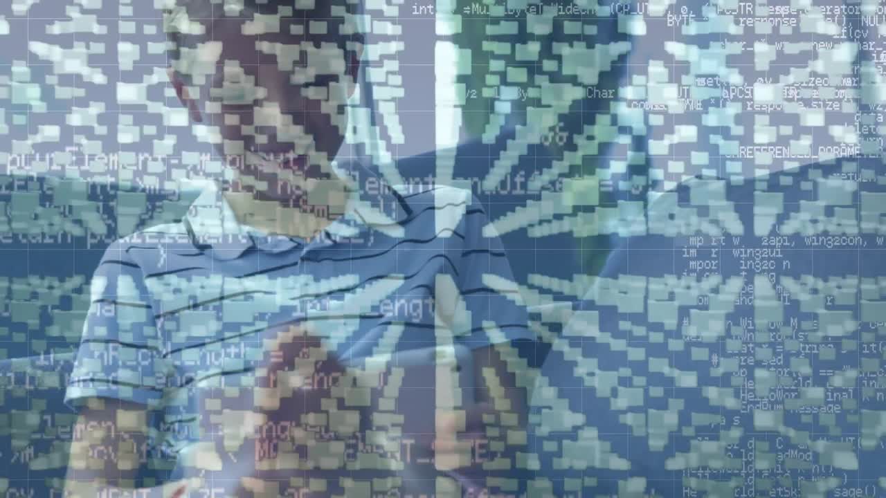 icono de candado de seguridad y procesamiento de datos contra un niño caucásico sonriendo mientras usa una tableta digital