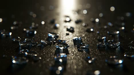 a shimmering array of broken glass pieces glinting under soft light, creating a striking contrast against a dark surface for an artistic impact