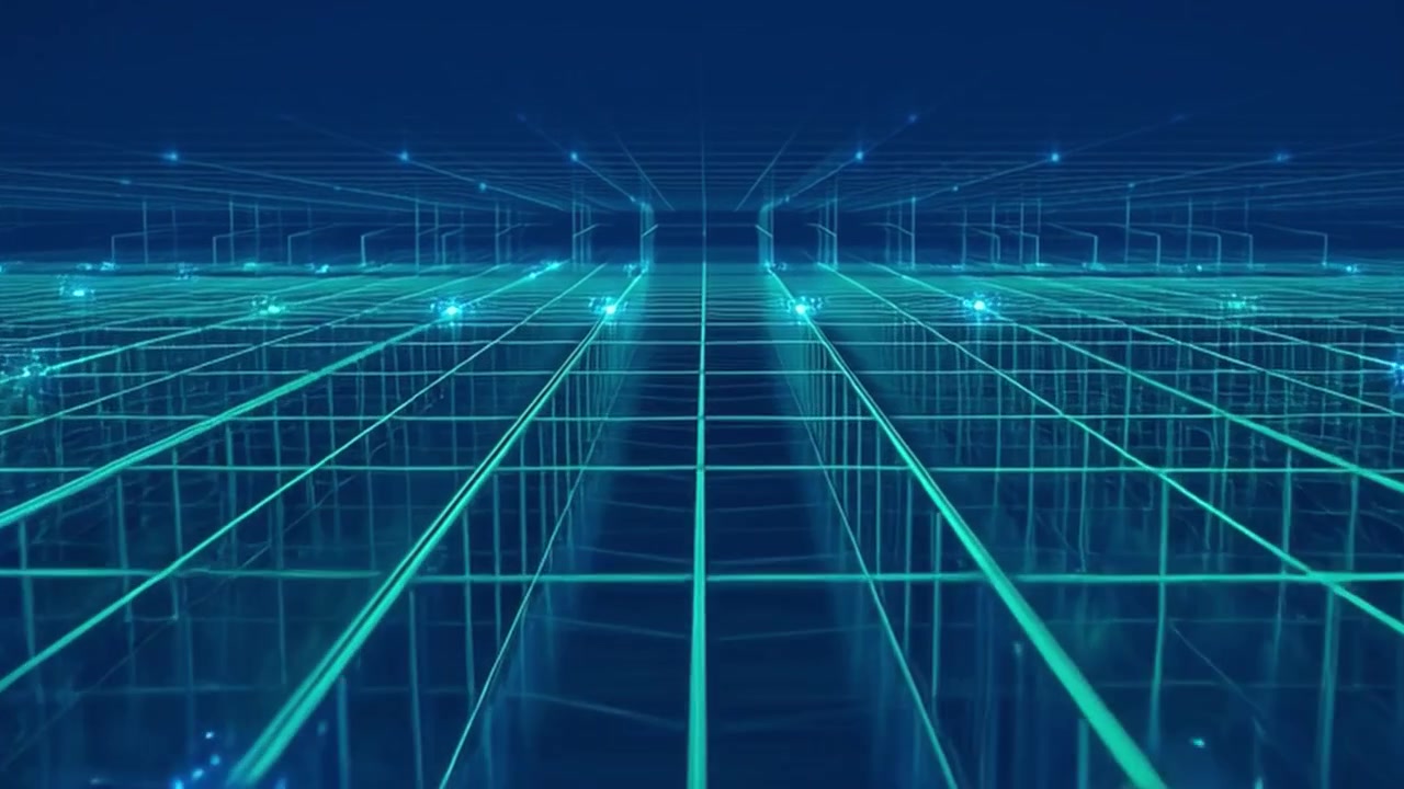 Abstract Digital Grid with Glowing Data Nodes Moving Through Cyberspace
