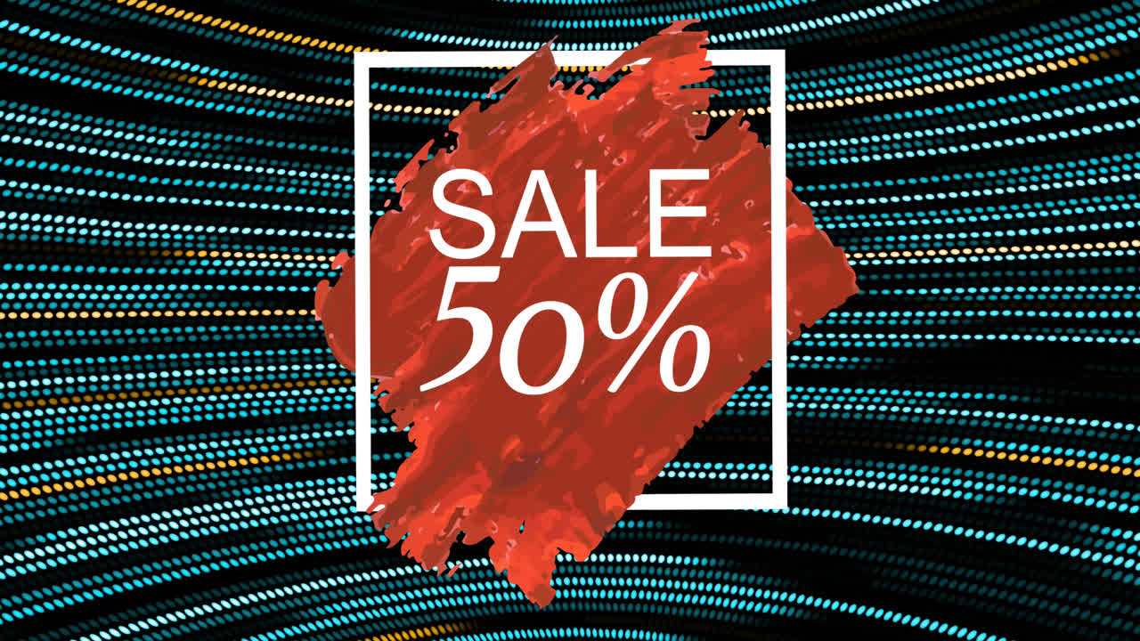 animación de la venta 50 por ciento de texto sobre puntos en fondo negro