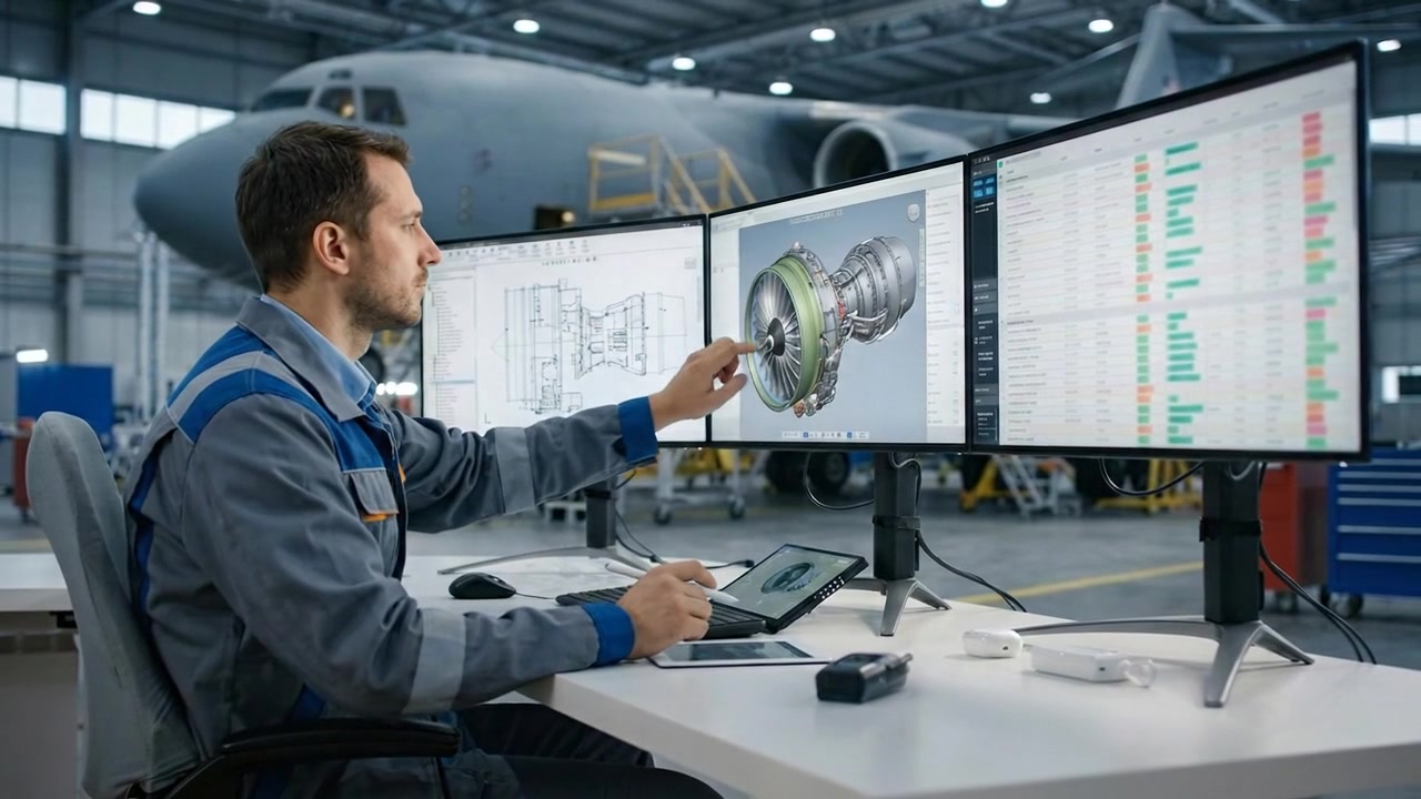 Insinyur Meninjau Model CAD di Beberapa Monitor di Kantor Teknis Modern