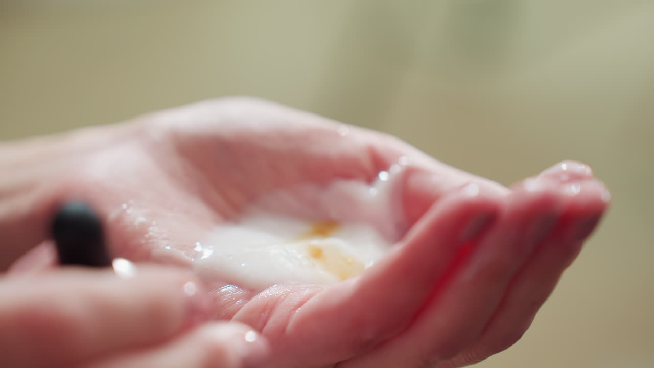 영양 스킨케어 과정을 클로즈업한 모습, 세럼과 로션으로 헤어 트리트먼트를 준비하는 디테일 샷, 윤기와 복구를 위해 영양 헤어 세럼과 로션을 바르는 손을 가까이에서 보여줍니다.