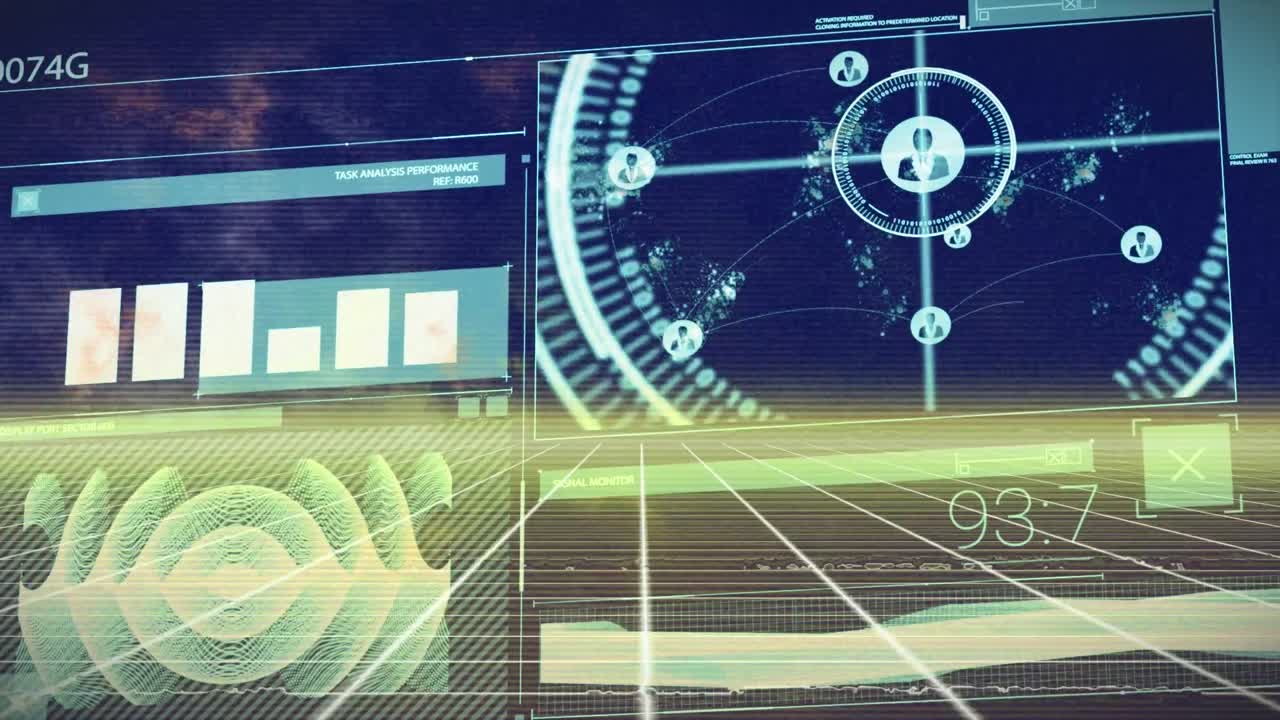 파란색과 노란색 공간에서 디지털 화면에서 다양한 데이터 처리의 애니메이션