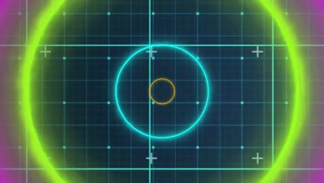 animation of neon circular shapes in seamless pattern over grid network against blue background