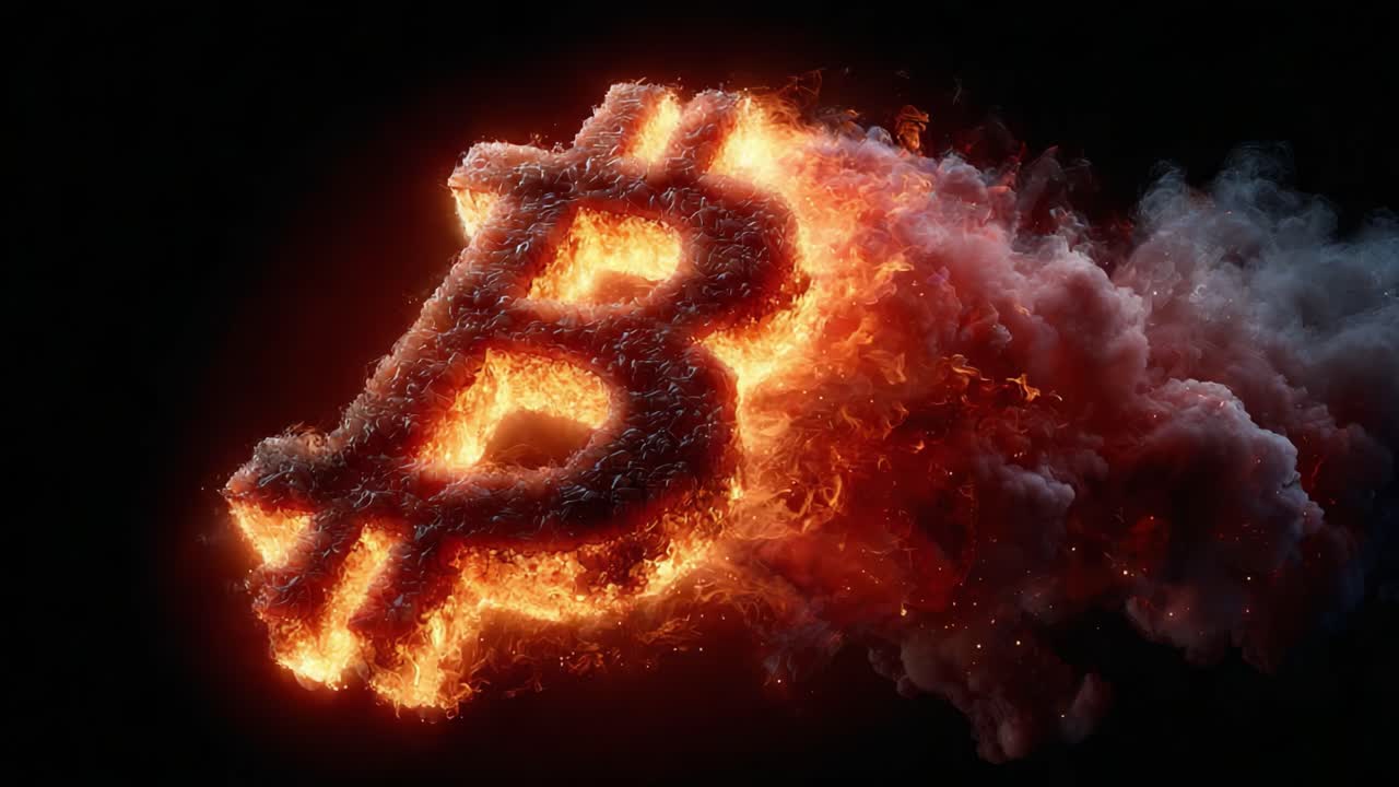 A Fiery Representation of Cryptocurrency: The Bitcoin Symbol Ignites, Emitting Flames and Smoke, Capturing the Passion and Intensity Surrounding Digital Currency
