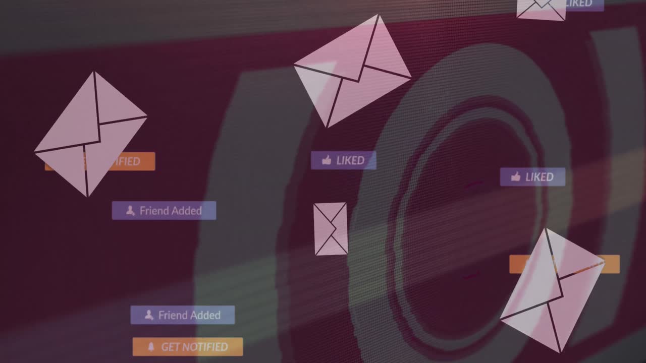 Animation of social media icons over envelopes and scope scanning