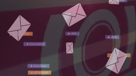animación de iconos de redes sociales sobre sobres y escaneo de alcance