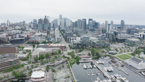 Aerial-drone-shot-of-Seattles-South-Lake-Union-moving-backwards