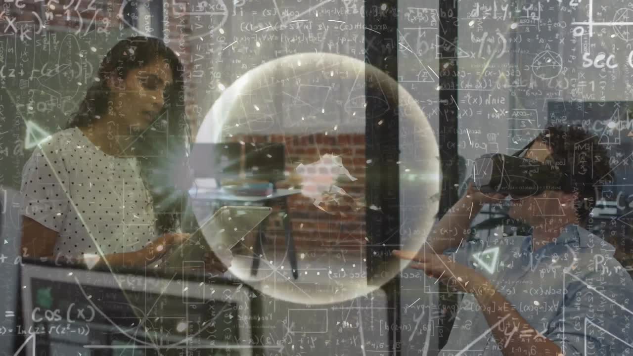 사무실에서 vr 헤드 ⁇ 을 착용하는 사업가에 대한 방정식의 애니메이션