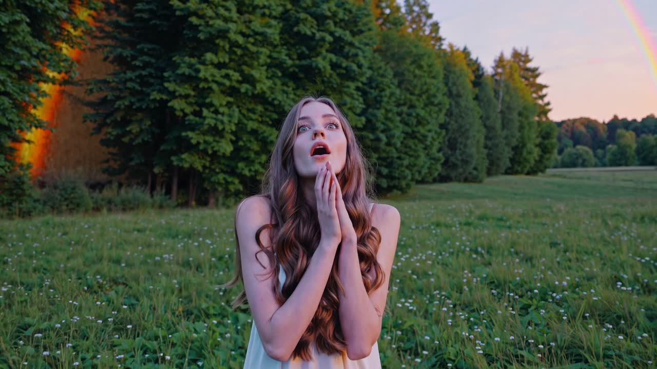 Kobieta w białej sukience stoi na bujnym polu, wyglądając na zdumioną.