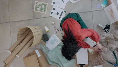 above, documents and woman rushing on a floor